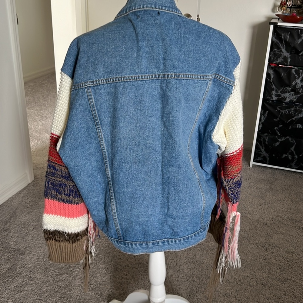 SHEIN Blue Denim Jacket with Multicolor Knit Sleeves - Picture 5 of 7